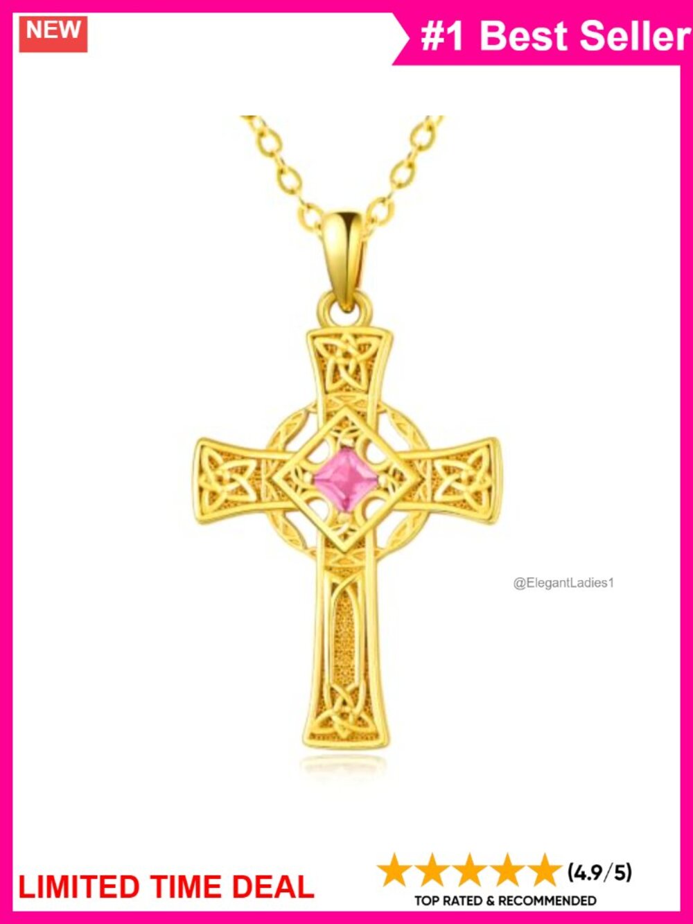 14K Gold Celtic Cross Necklace Square Birthstone Pendant
